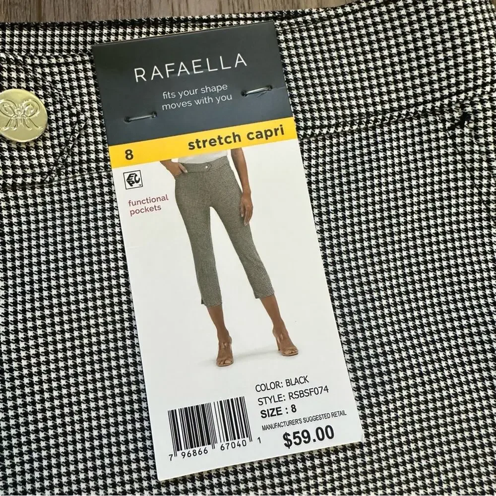 NEW!! Rafaella Women’s Black‎ White Houndstooth Stretch Capri Pants, Size 8